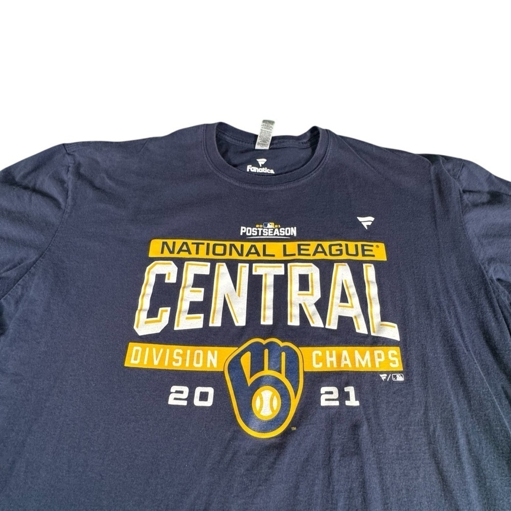 Fanatics Milwaukee Brewers NL Central Champs 2021 Shirt 2XL Navy Blue Cotton - Picture 2 of 8